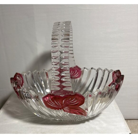 Vintage Glass Basket Clear Handle With Red Floral Accents & Textured Handle 6" - Picture 6 of 12